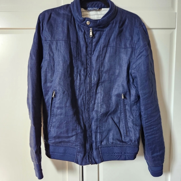 ZARA Blue linen moto jacket Size M - Picture 1 of 10